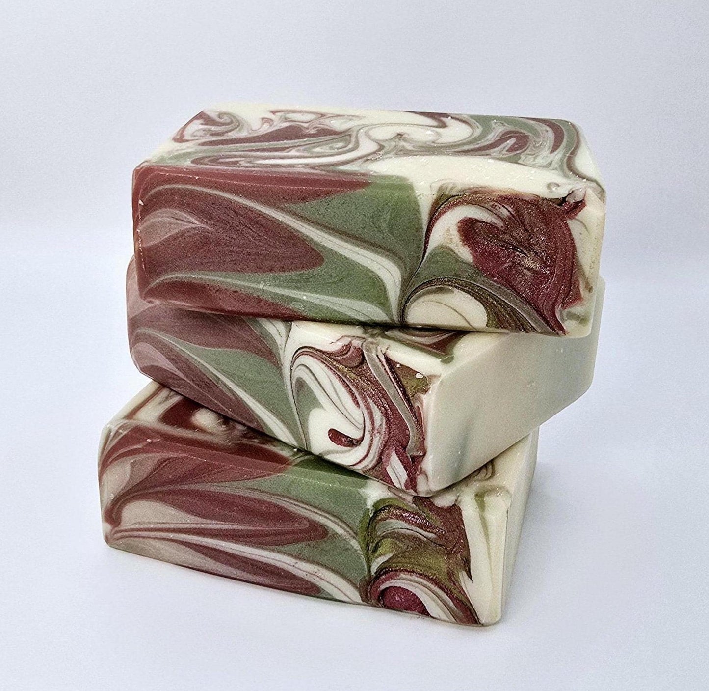 Apple Sage Goat Milk Soap Bar. Red, green and white swirls.